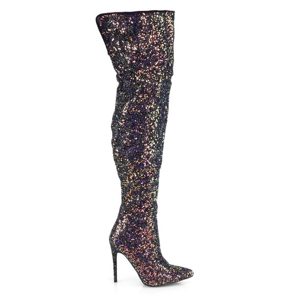 Size 12 NEW 3015 Black Hologram Glitter High Heel Thigh High Boots Courtly
